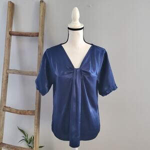 New York & Company Navy Blue Short Sleeve Scoop Neck Pullover Top Size S